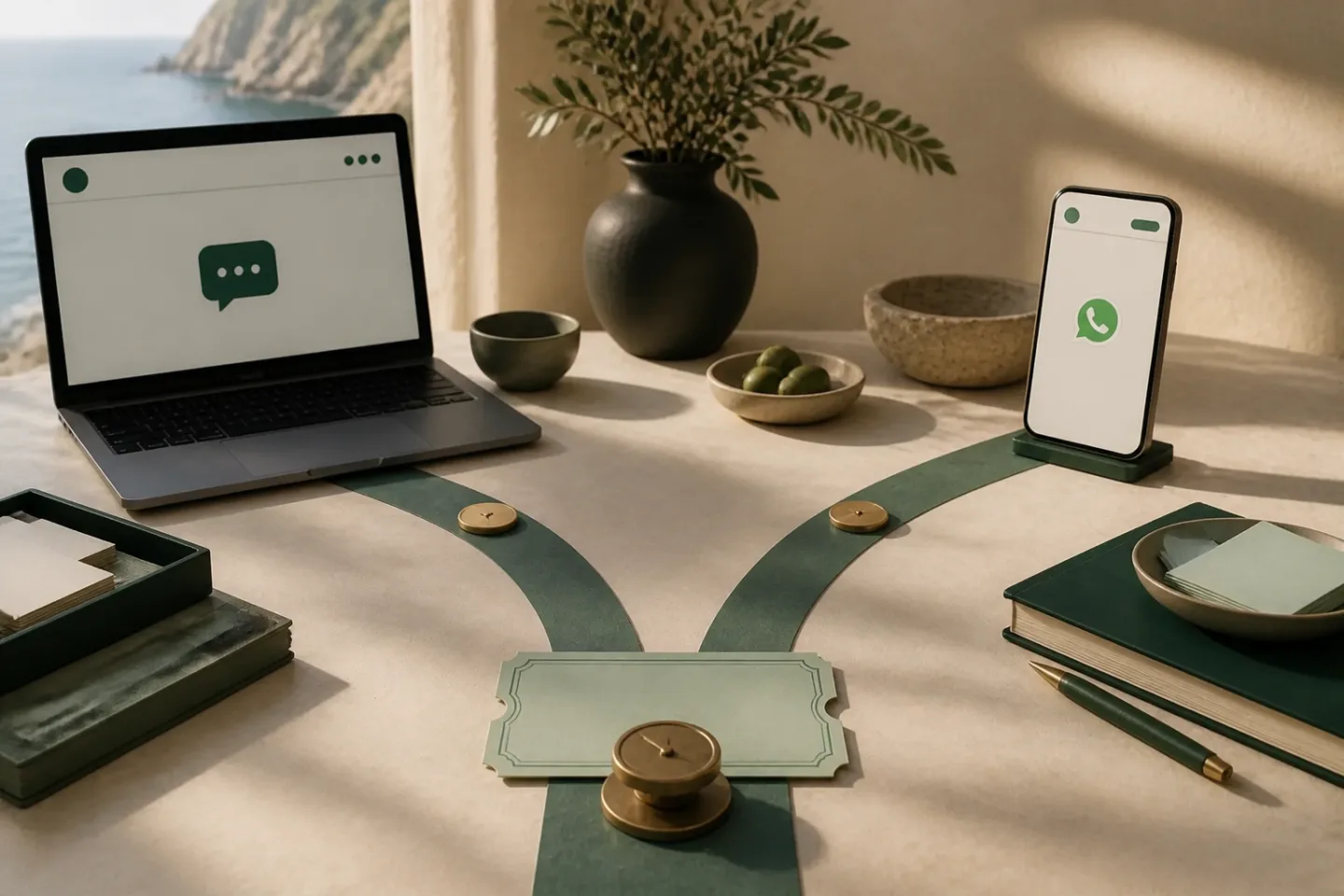 Composición editorial de GuestHelm sobre webchat o whatsapp: qué canal ayuda mejor a reservar, generada con inteligencia artificial